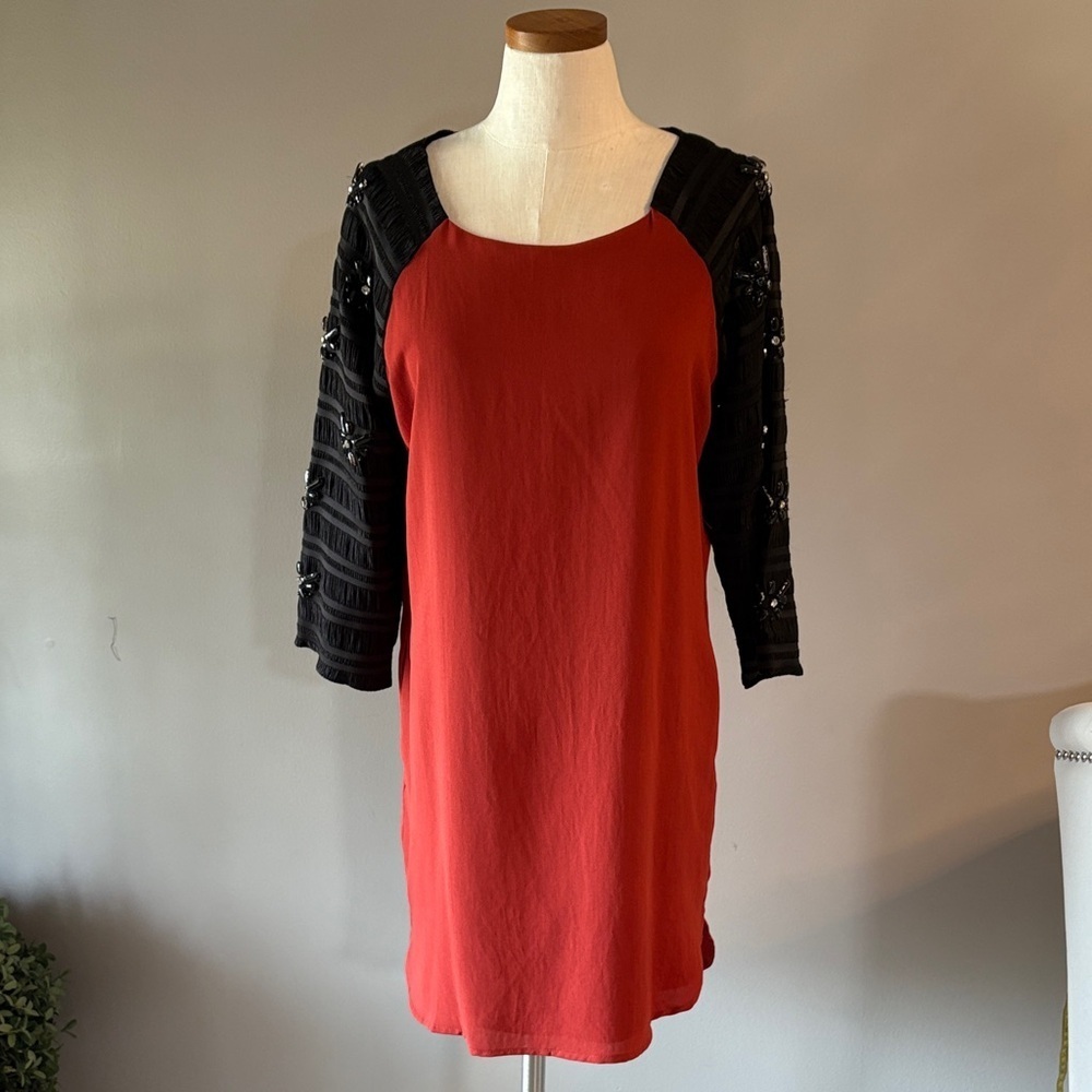 Line & Dot color block muni dress embellished beaded accent statement sleeves M